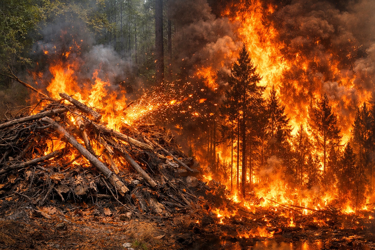 Forest fire engulfing tall conifer trees with intense orange flames and thick smoke — illustrating hazardous wood waste
